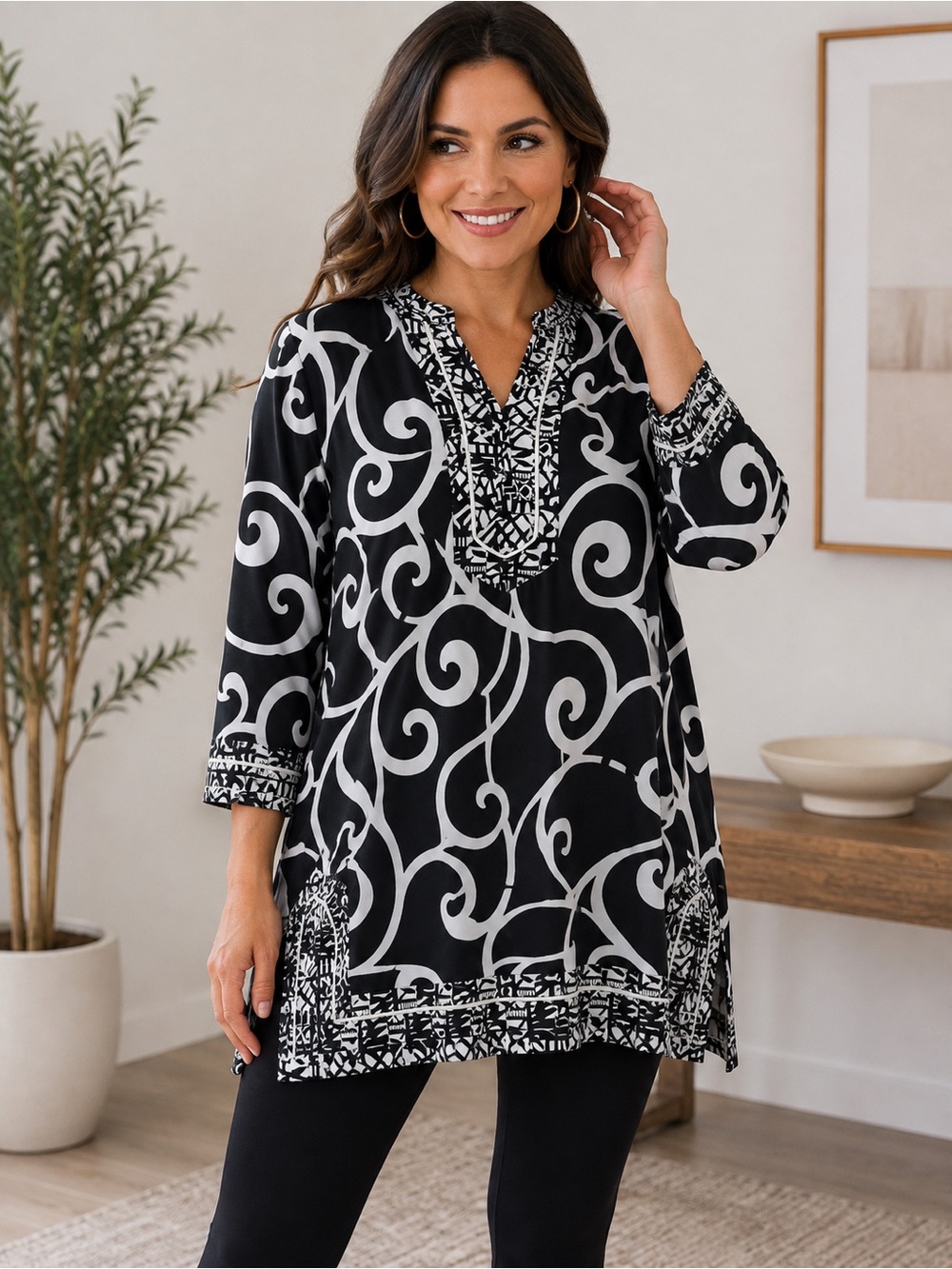 Style & Co Black White Swirl Print Tunic Top Geometric Trim XL
